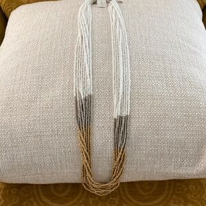 Talbots Long White, Gold and Silver Beaded Layered Necklace